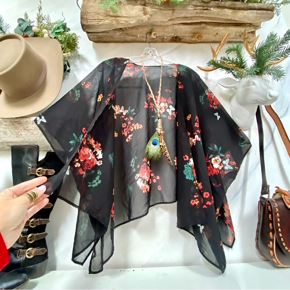 Semi Sheer boho open front cover up w floral shabby chic vacay vibe